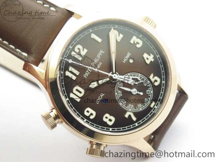 MIROTIME 0427 ZipUp Calatrava 5524R Pilot Travel Time RG GRF Brown Dial on Brown Leather Strap A324 V 7110